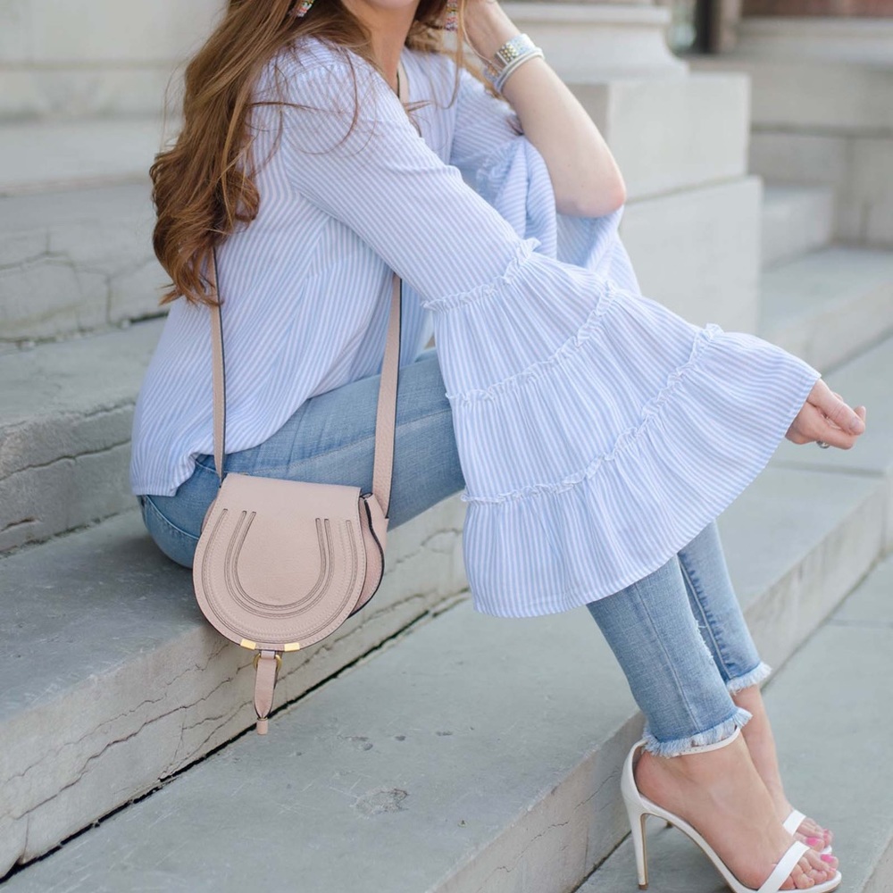 Blue and white striped bell sleeve blouse